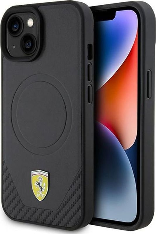 Ferrari FEHMP15SPTEK iPhone 15 / 14 / 13 6.1 inch zwart/zwart hardcase Carbon Metal Logo MagSafe