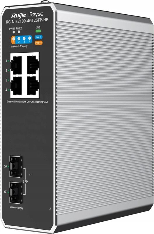TP-Link Ruijie Reyee RG-NIS2100-4GT2SFP-HP| Switch zarządzalny industrieel, 6 portów, 4xGE, 1xPoE++, 3xPoE+, 180W, 2xSFP, L2, Cloud