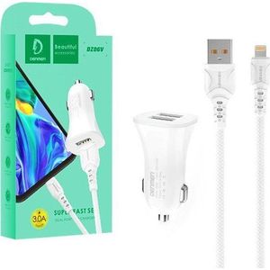 VEGA oplader oplader auto 3A + KABEL IPHONE witŁA DENMEN 3100mA DUAL FAST CHARGING 2XUSB DZ06L 15W>