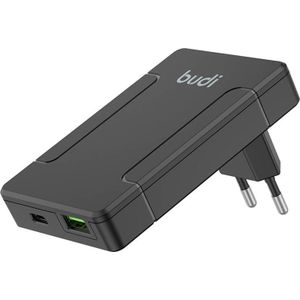 Budi universal muur charger, USB + USB-C, PD 65W + EU/UK/US/AU adapters (zwart)