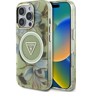 GUESS Case Glitter bloemen Triangle Buttons MagSafe voor iPhone 16 Pro Max groen