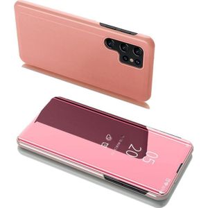 Hurtel Clear View Case tas etui met klapką Samsung Galaxy S22 Ultra roze