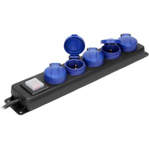 ORNO verlengsnoer werkplaats bryzgoszczelny met schakelaar, 5 aansluitingen 2P+met, IP44, schuko przewód gumowy, H05RR-F 3x1,5mm2, długość 5m