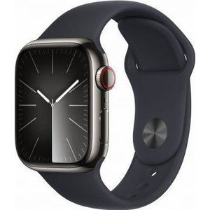 Apple Watch Series 9 GPS + Cellular 41mm Graphite RVS Case met Midnight Sport Band - S/M