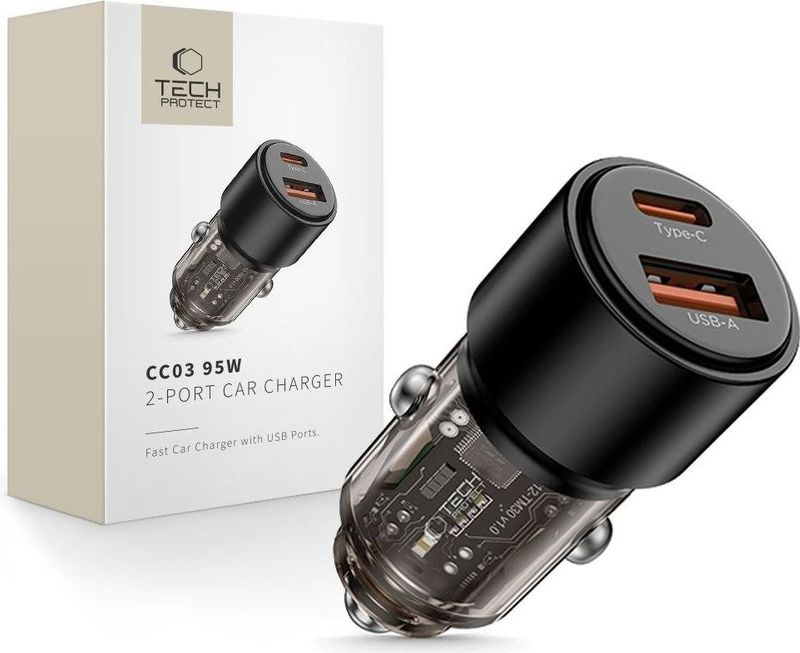 Tech-Protect CC03 2-PORT auto CHARGER PD95W/QC3.0 zwart