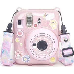 LoveInstant hoes tas Etui hoes Case voor FujiFilm Fuji INSTAX Mini 12 + stickers en Kieszeń na foto's / Jogurtowy konijn / roze Brokat