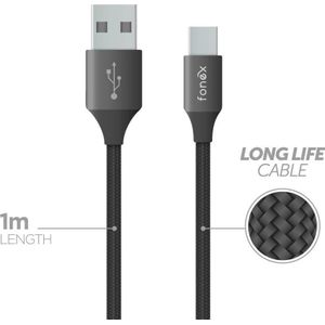 Fonex Data Cable USB to Type-C 12W Fabric 1m By zwart