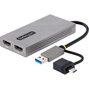 StarTech USB naar HDMI Adapter, USB 3.0 naar Dual HDMI Converter, USB A/C naar 2x HDMI Schermen (1x 4K30Hz, 1x 1080p), Geïntegreerde USB-A naar C Dongle, 11cm Kabel, Windows & macOS