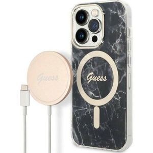 GUESS oplader serie etui + lader draadloos GUBPP14XHMEACSK Apple iPhone 14 Pro Max zwart/zwart hard case Marble MagSafe