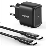 UGREEN muur charger CD250, 25W, USB-C (zwart) + USB-C to USB-C cable, 2m (zwart)