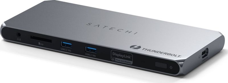 SATECHI Thunderbolt 4 | 3.5mm audio | kaartlezer | 2x USB-A 3.2 | 2x HDMI 2.0 DisplayLink | 1x Ethernet | 3x TB4 downstream | DC/21V - voeding 180W | 96W TB4 passthrough