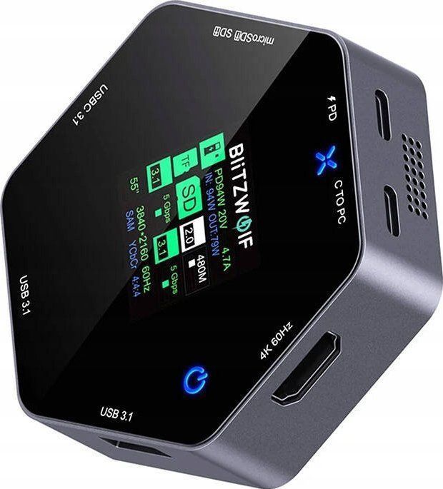 BlitzWolf station/replikator station dokująca 8 in 1 BW-TH16 USB 100W LCD Smart Display USB-C 3.1, 2xUSB-A 3.1, USB-C PD 100W, HDMI 4K60hz, TF/SD 3.0, HD 4K@60hz