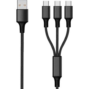 2GO 3in1 USB oplaadkabel USB Type-C Nylon 1,5m zwart