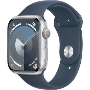 Apple Watch Series 9 GPS + Cellular 45mm zilver Aluminium Case met Storm blauw Sport Band - S/M