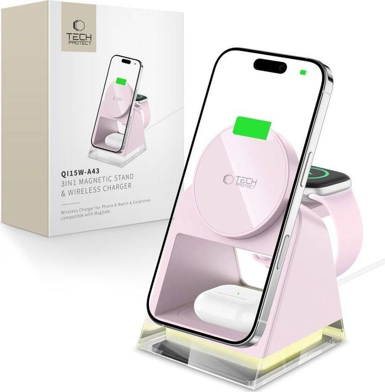 Tech-Protect QI15W-A43 3IN1 MAGNETIC MAGSAFE draadloos CHARGER BABY roze