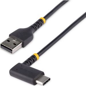 StarTech 30cm USB A naar C Oplaadkabel, Haakse USB-C Kabel, Robuuste Fast Charge USB-C Kabel, USB 2.0 A naar Type-C, 3A, Korte USB Laadkabel met Aramide Vezel, Zwart