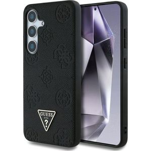 GUESS Etui Grained Hot Stamp Peony patroon Triangle Logo MagSafe voor Samsung Galaxy S25 zwart