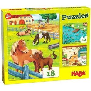 HABA Puzzels Boerderijdieren (3 Puzzels met 12, 15 en 18 Stukjes) - Drievoudig Puzzelplezier voor Kleine Dierenliefhebbers