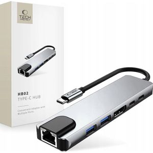 Tech-Protect HB02 HUB ADAPTER 6IN1 TYPE-C + USB2.0 + USB3.0 + HDMI 4K 30HZ + RJ45 + PD100W SPACE grijs