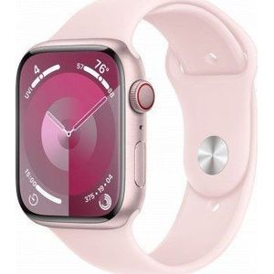 Apple Watch Series 9 GPS + Cellular 45mm roze Aluminium Case met licht roze Sport Band - S/M