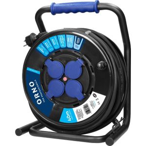 ORNO kabelhaspel professioneel IP44, 4 stopcontacten 2P+met, kabel gumowy olejoodporny, H07RN-F 3x2,5mm?, długość 40m, unikatowy houder CUBE, STAŁE stopcontacten, termik, przesłony spoor prądowych.