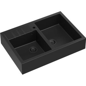 GraniteQ spoelbak Quadron | BILL 120 | granitowy spoelbak keuken zwart mat | wymiary: 90 x 62 x 20,5 cm | 2-compartiment nakładany na szafkę | podbudowa szafki: vanaf 90 cm