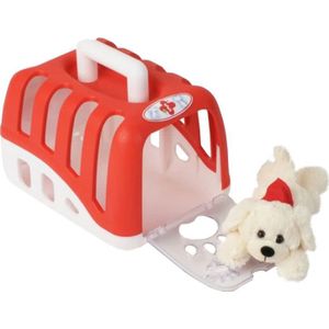 Klein dierenarts draagkooi met pluche hond rood/wit 23,5 cm - Speelgoed