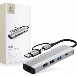 Tech-Protect HB03 HUB ADAPTER 5IN1 TYPE-C + USB2.0 + USB3.0 + RJ45 SPACE grijs
