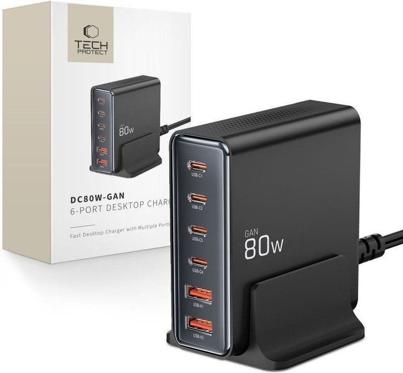 Tech-Protect DC80W-GAN 6-PORT DESKTOP CHARGER PD80W/QC3.0 zwart
