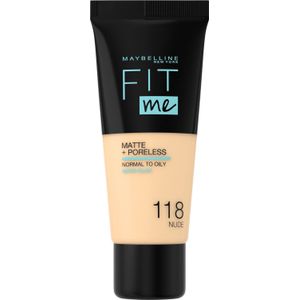 Maybelline Fit Me Matte & Poreless Foundation 118 Nude – medium dekkende foundation voor normale tot vette huid met matte finish – foundations op waterbasis die zichtbaar poriën verkleinen - 30 ml