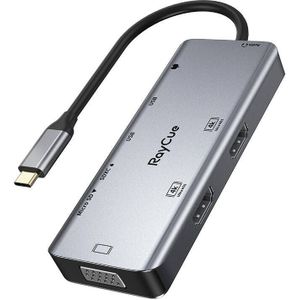 RayCue Hub 9in1 USB-C to 2x USB-A 3.0 5Gbps + 2x SD/TF 3.0 + 2x HDMI 4K30Hz + VGA 1080p + jack 3.5mm + PD 3.0 100W (grijs)