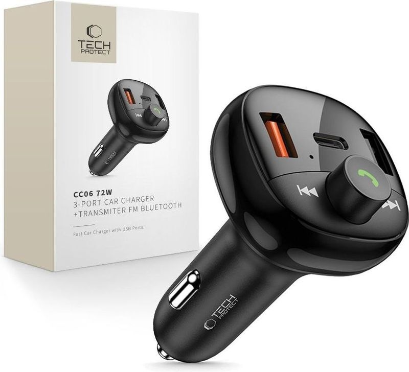 Tech-Protect CC06 3-PORT auto CHARGER PD72W + TRANSMITER FM BLUETOOTH zwart