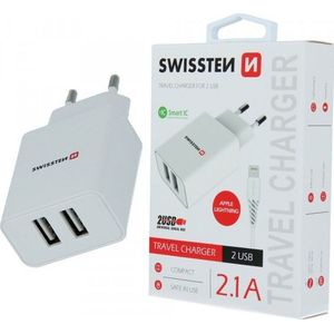 Swissten 2.1A Dual Port Travel Charger (10.5W) 8 Pin – USB Cable – White