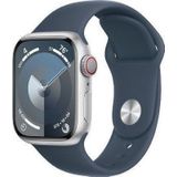 Apple Watch Series 9 GPS + Cellular 41mm zilver Aluminium Case met Storm blauw Sport Band - S/M