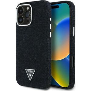 GUESS Etui Denim Triangle Logo MagSafe voor iPhone 16 Pro zwart