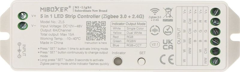 MiBoxer STEROWNIK OŚWIETLENIA LED ZigBee, ZL5 Wi-Fi, 2.4 GHz, RGBCCT (RGBWW) 12... 48V DC / Mi-licht