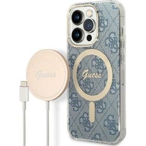 GUESS oplader serie etui + lader draadloos GUBPP14LH4EACSB Apple iPhone 14 Pro blauw/blauw hard case 4G Print MagSafe
