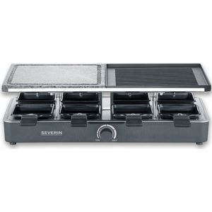 SEVERIN raclette grill met natuurlijke grillsteen en grillplaat, raclette met grillplaat met antiaanbaklaag met 8 pannetjes, tafelgrill voor 8 personen, max. 1300 W, zwart, RG 2371
