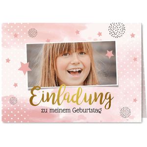 10. Kindergeburtstag Einladung mit rosa Sternchen und Foto (Probedruck) | Kindergeburtstag