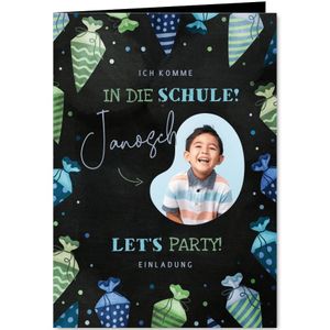 Einladungskarte Einschulung blau-grüne Schultüten & Foto (Probedruck) | Einschulungskarten
