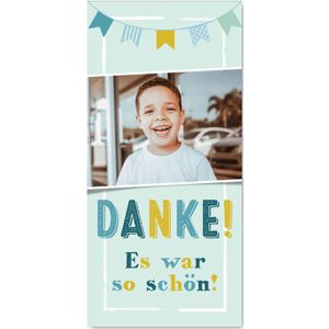 Dankeskarte zur Einschulung mit blauer Wimpelkette (Probedruck) | Einschulungskarten