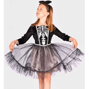 Den Goda Fen Kostuum - Skeleton jurk en Haarband - Zwart - Den Goda Fen - 8-10 jaar (128-140) - Kostuum