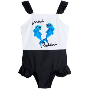 Mini Rodini Zwempak - UV 50+ - Dolfijnen Frill - Wit/Zwart - Mini Rodini - 2-3 jaar (92-98) - Badmode