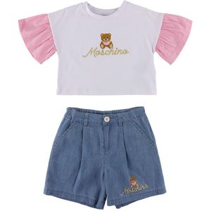 Moschino T-Shirt/Jeansbroek - Wit/Blauw m. Logo/Goud - Moschino - 8 jaar (128) - Shorts