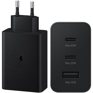 Originele Power Adapter Trio voor de Samsung Galaxy A52 (5G) - Oplader - 2x USB-C en 1x USB aansluiting - Fast Charge - 65W - Zwart