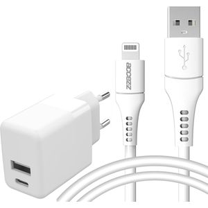 Accezz Wall Charger met Lightning naar USB kabel voor de iPhone 14 Pro - Oplader - MFi certificering - 20 Watt - 1 meter - Wit