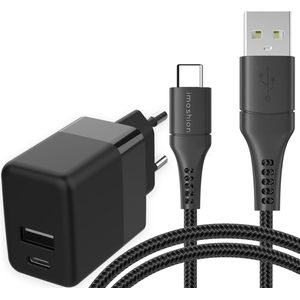 iMoshion Wall Charger met USB-C naar USB kabel voor de Samsung Galaxy A34 (5G) - Oplader - Gevlochten textiel - 20 Watt - 1,5 meter - Zwart