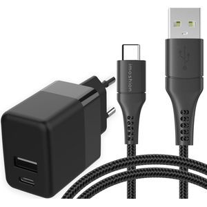 iMoshion Wall Charger met USB-C naar USB kabel voor de Samsung Galaxy S22 Plus - Oplader - Gevlochten textiel - 20 Watt - 1,5 meter - Zwart