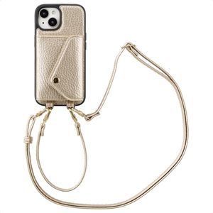 Selencia Sera Telefoonhoes met Koord en Envelop Pashouder voor de Apple iPhone 15 - Champagne