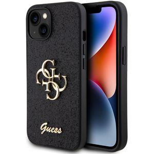 Guess 4G Metal Logo Glitter Backcover voor de iPhone 15 - Zwart